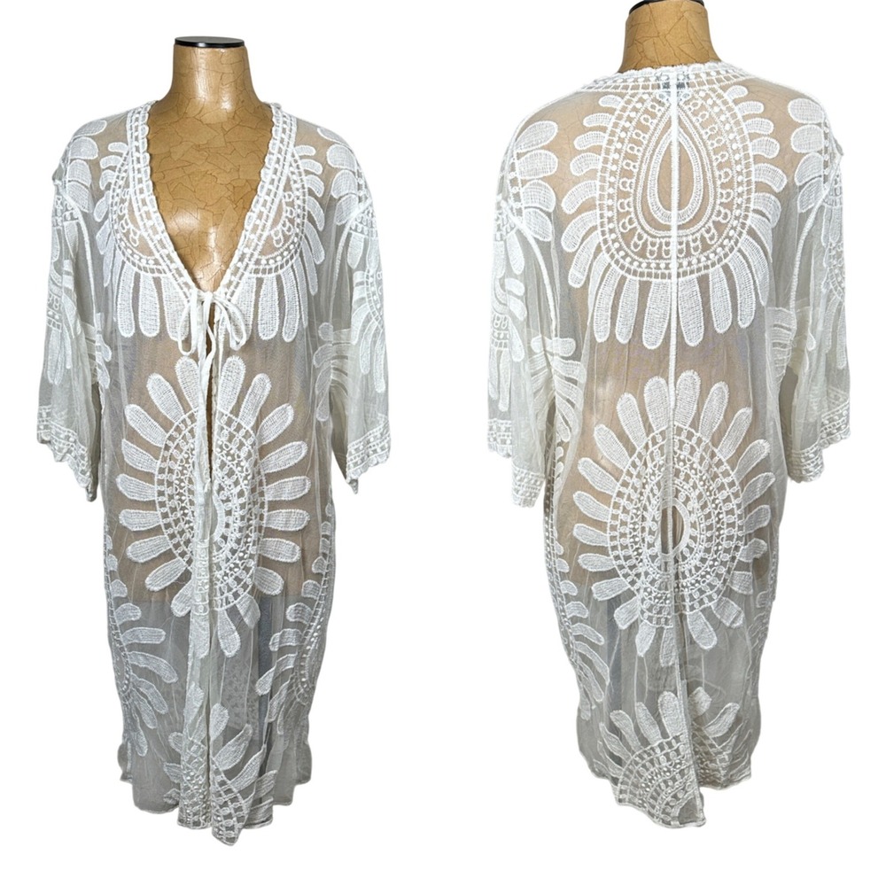 Boho embroidered XL White‎ Lace Sheer Kimono Cardigan Coverup Festival